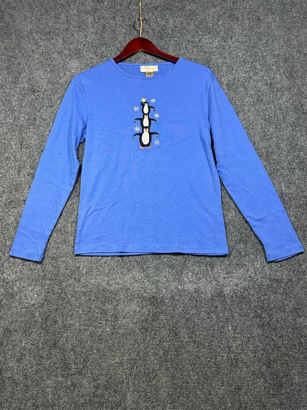 M&C Sportswear Top  Womens Medium Blue Cotton Long Sleeve Tee Christmas Penguins